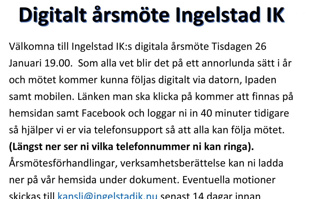 Digitalt Årsmöte 26 Januari Kl 19.00